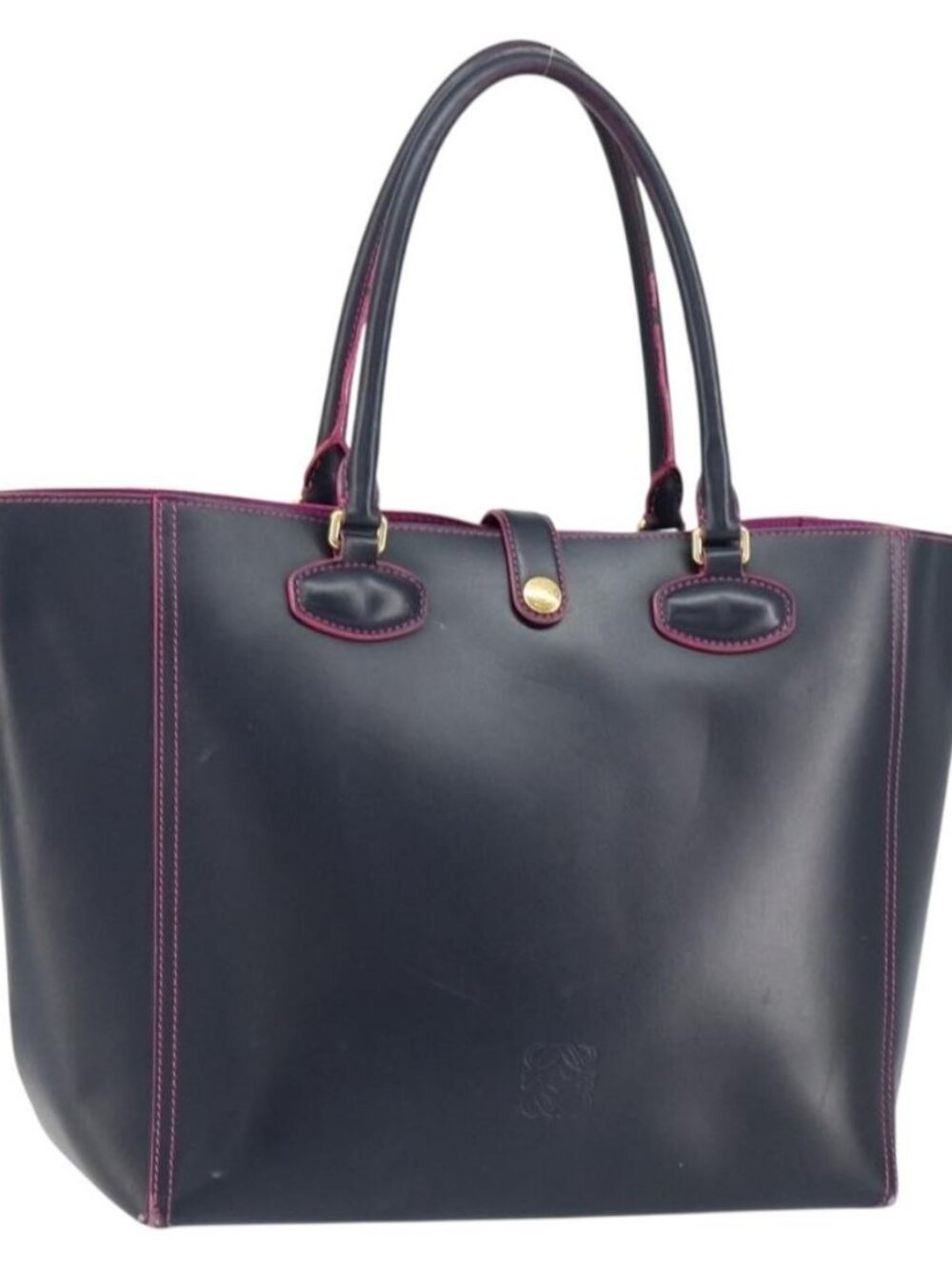 LOEWE Anagram Tote Bag Leather Navy Gold Auth yk19519